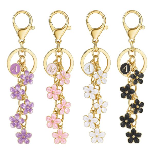 White Pink Black Cute Initial Letter Keychain for Women, Flower Bag Charms Enamel Keyring for Handbag Backpack