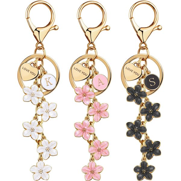 White Pink Black Cute Initial Letter Keychain for Women, Flower Bag Charms Enamel Keyring for Handbag Backpack