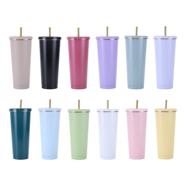 Custom Logo 25oz 17oz Vacuum Flask Car Cups Insulation Cups Straw Gold Rim Powder Coated Tumbler Fashion Water Cups for Parties